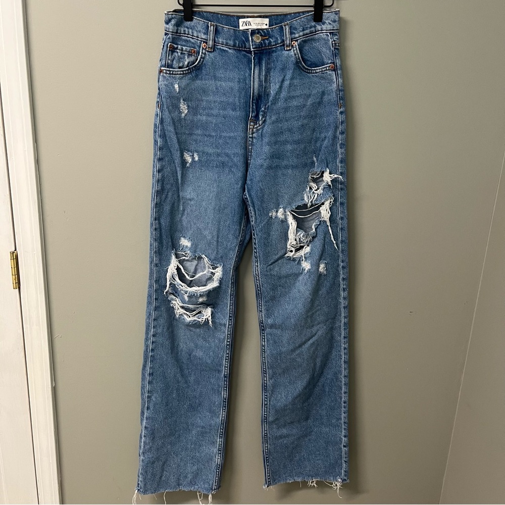 Zara The 90s Full Length Jeans Wide Leg Distressed Size 26